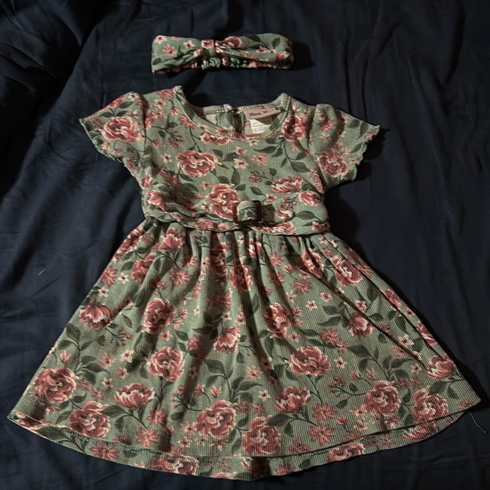 Green Floral Little Lass Dress with Headband